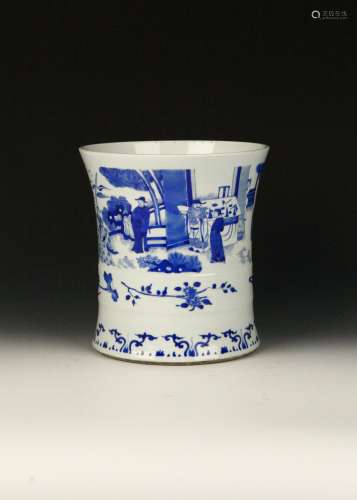 A BLUE AND WHITE FIGURES BRUSH POT