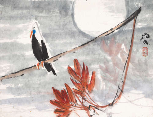 李琼久 崖边小鸟 1970年代作 设色纸本