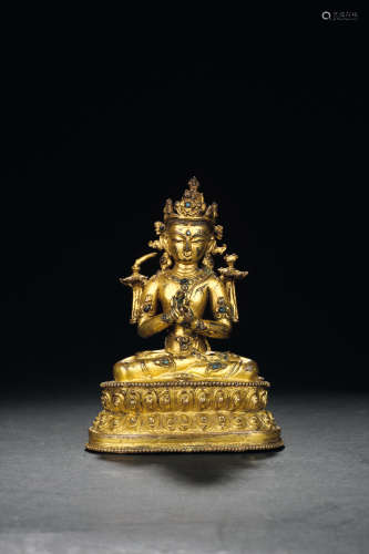 14世纪 铜鎏金文殊菩萨 西藏 合金铜鎏金