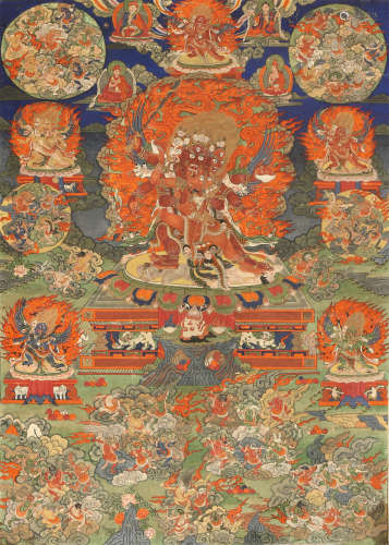 18世纪 中阴文武百尊 西藏 布面矿物彩