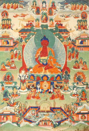 18世纪 无量寿佛 西藏 布面矿物彩