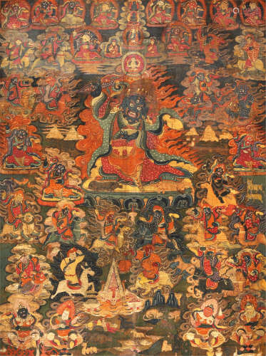 19世纪 莲师八变之忿怒金刚 西藏 布面矿物彩