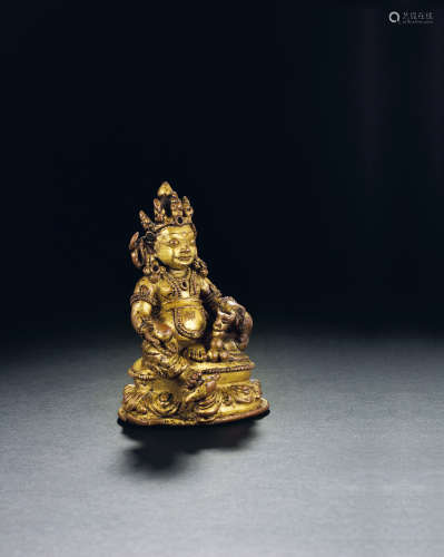 14世纪 铜鎏金黄财神 西藏 合金铜鎏金