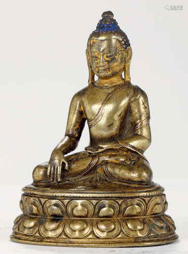 13世纪 铜鎏金、嵌红铜释迦牟尼 西藏 合金铜泥金、嵌红铜