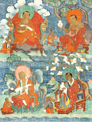 19世纪 半托迦尊者等四尊者 西藏 布面矿物彩