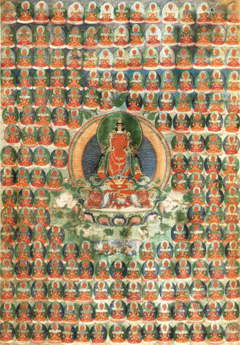 19世纪 无量寿佛唐卡 西藏 布面矿物彩