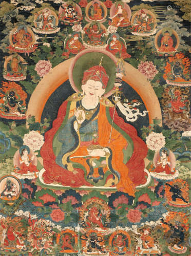 18世纪 莲花生八变 西藏 布面矿物彩