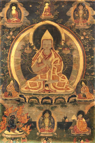 19世纪 宗喀巴唐卡 西藏 布面矿物彩