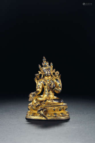 15世纪 铜鎏金绿度母 尼泊尔 合金铜鎏金