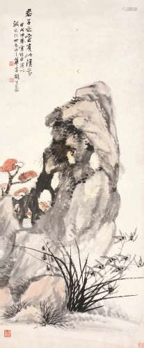 胡公寿 甲戌（1874)年作 芝兰寿石图 立轴 设色纸本