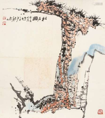 白庚延 乙丑（1985)年作 松石图 镜片 设色纸本
