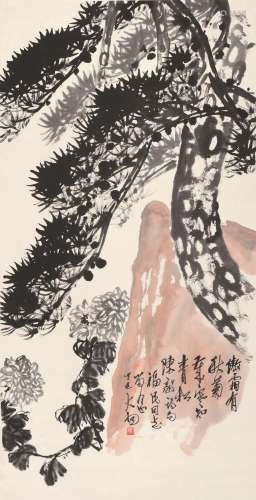 陈大羽 丁巳（1977)年作 松菊寿石 立轴 设色纸本