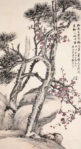 杨逸 甲子（1924)年作 松梅长春 立轴 设色纸本