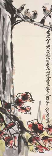 梁崎 壬戌（1982)年作 秋林惬意 立轴 设色纸本