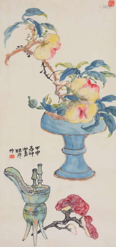 陈摩 甲申（1944年）作 清供图 立轴 设色纸本