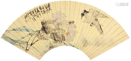 朱梦庐 庚午（1870年）作 玉面芙蓉 扇面 设色金笺