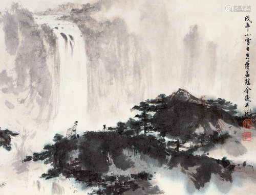 傅益瑶 戊午（1978年）作 观瀑图 镜片 设色纸本
