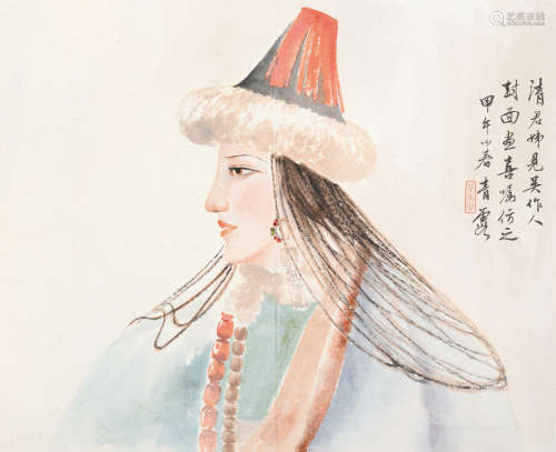 吴青霞 甲午（1954年）作 裕固族少女 镜框 设色纸本