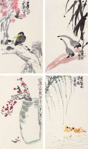 陈子庄 1972年作 花鸟 四屏镜框 设色纸本