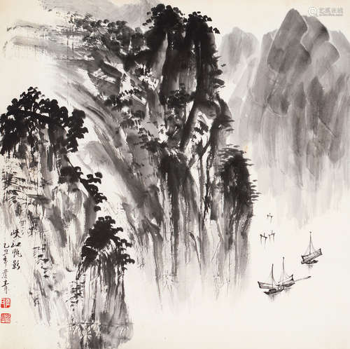 张彦青 乙丑（1985年）作 峡江帆影 镜片 水墨纸本