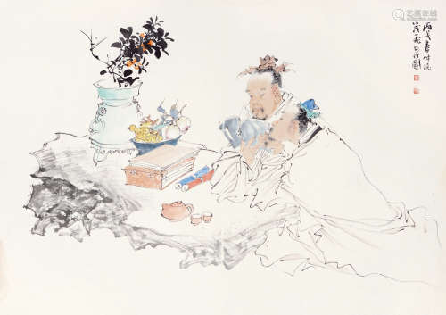 王茂飞 丙戌（2006年）作 春读图 镜片 设色纸本