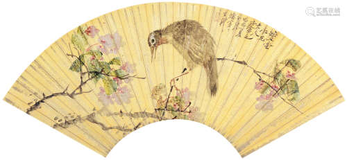 王礼 己巳（1869年）作 海棠玉禽 镜片 设色纸本