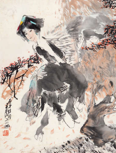 王涛 庚午（1990年）作 川西少女 立轴 设色纸本
