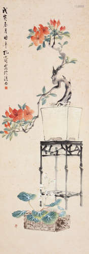 孔小瑜 戊寅（1938年）作 书斋清供 立轴 设色纸本