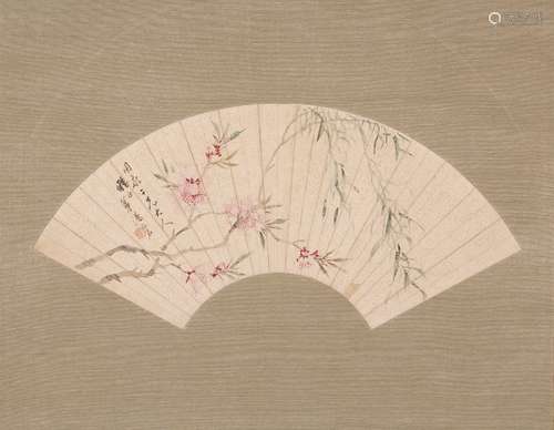 "A CHINESE FAN PAINTING OF WILLOW AND PEACH BLOSSOM "