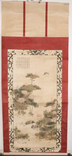 Chinese Lotus and Bird Scroll Painting