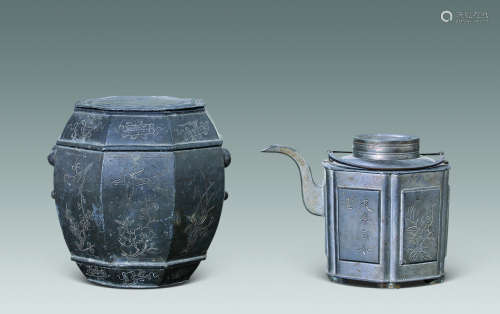 民国 锡制茶叶罐、茶壶(2件） 锡