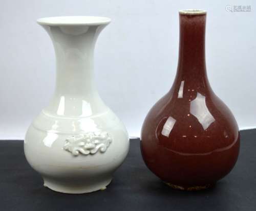 17C Chinese Blanc de Chine Vase; 19C Red Vase