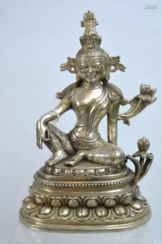 Tibetan Silver Seated Buddha on Silver Throne