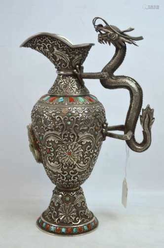 Fine 19C Mongolian Jewel Covered Solid Silver Ewer