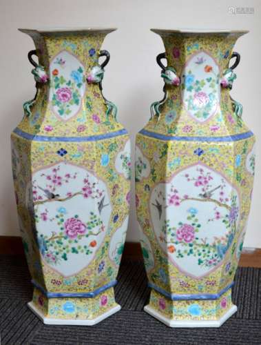 Lg Pr Chinese Rose, Yellow Ground Porcelain Vases