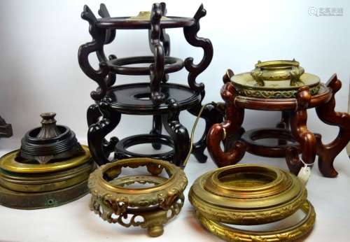 11 Bronze Lamp Parts; 3 Large Raised Stands