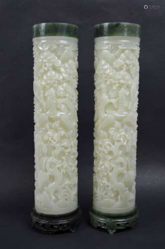 Fine Well Carved Pair Chinese Jade Incense Tubes
