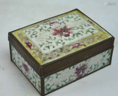 Antique Chinese Enameled Porcelain Brass-Bound Box