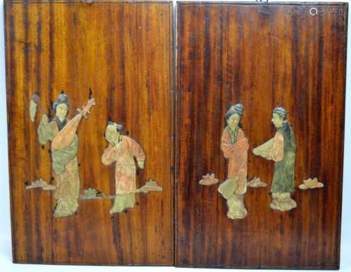 Pair Chinese Carved Soapstone in Hardwood Plaques