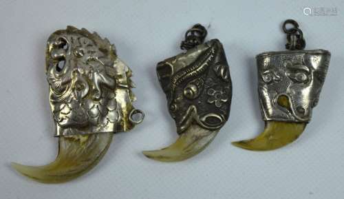 3 Old Carved Tibetan Silver Claw Pendants