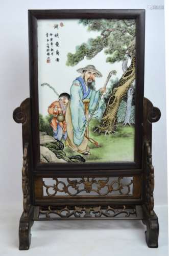 Chinese Enameled Porcelain & Wood Table Screen