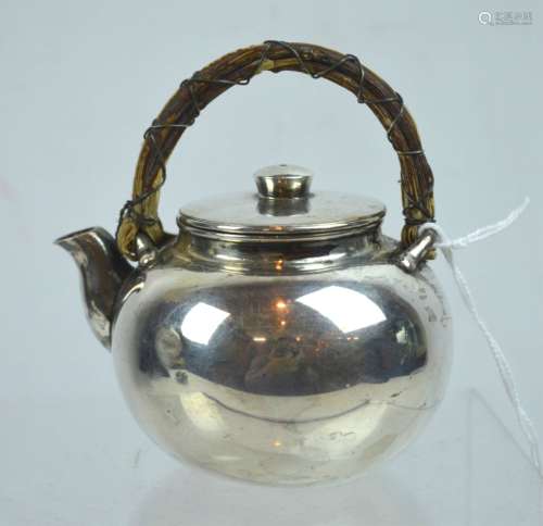 Fine Signed Small Silver Teapot with Rush Handle