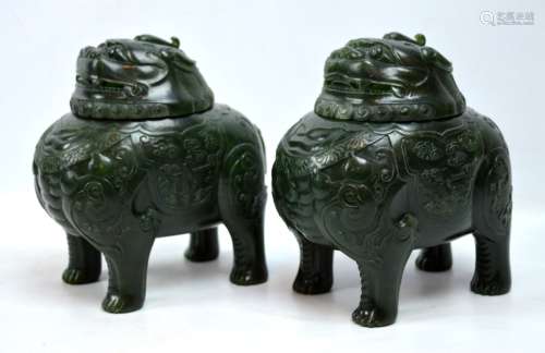 V Fine Pr 19th C Chinese Carved Jade Qilin Censers