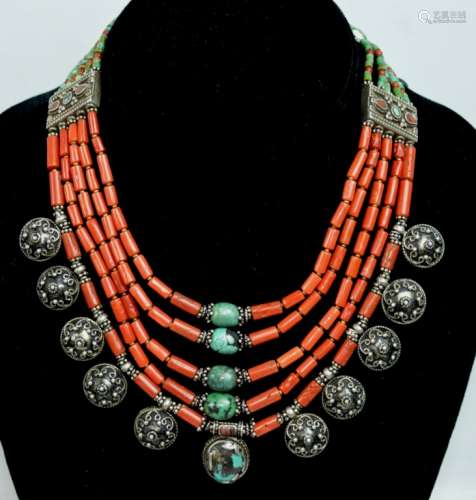 Good Tibetan Coral, Turquoise, Silver Necklace