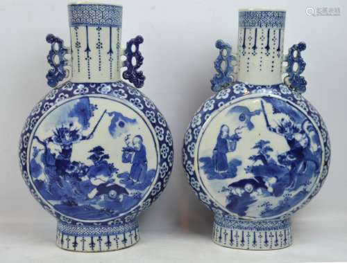 Pair 19th C Chinese B & W Porcelain Moon Vases