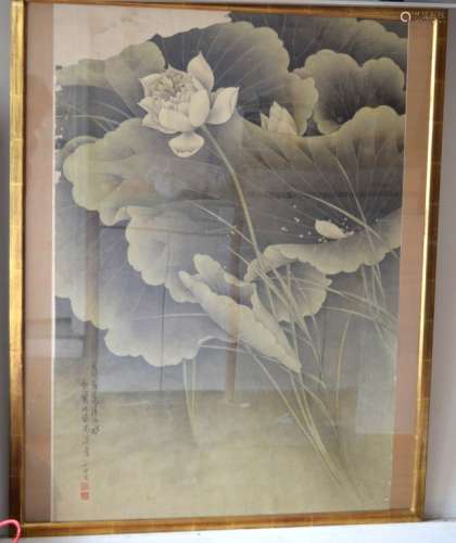 Lotus Plants Painting on Paper signed Li Xiaobai