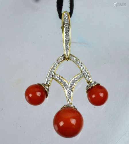 3 Dark Coral Beads & Brilliants; 14K Gold Pendant