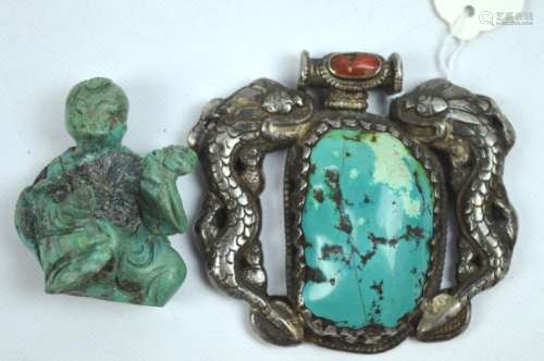 2 Chinese Turquoise Pieces; Figure & Pendant