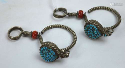 Tibetan Large Earrings; Silver, Coral, Turquoise