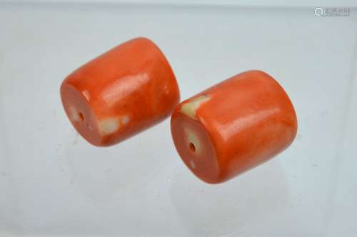 2 Large Tubular Beads of Coral; weight 49.8 G